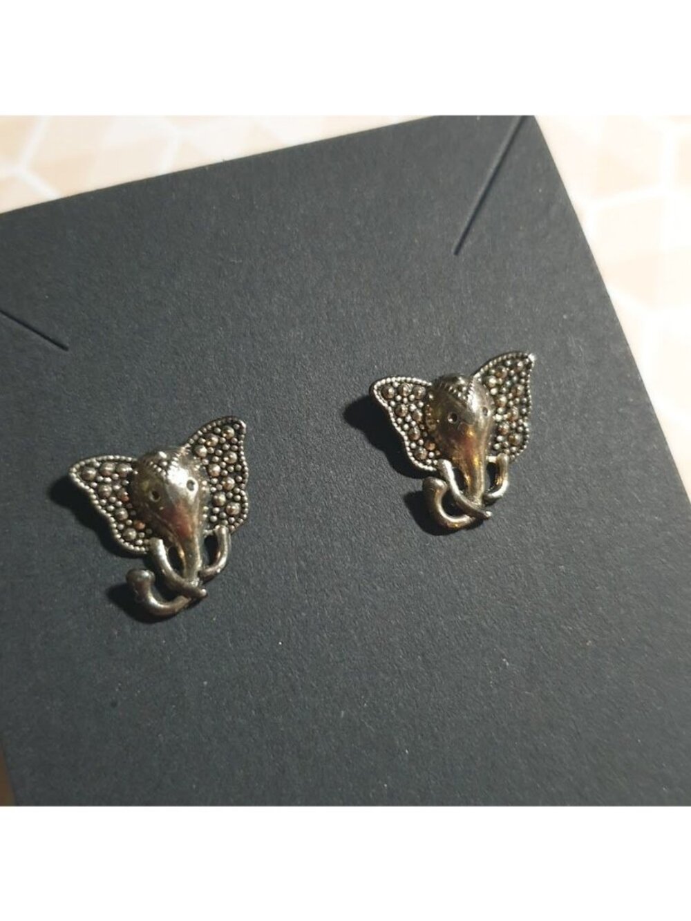 Elephant Shaped Stud Earrings Silver Tone Boho Tribal Style Jewelry Raised Trunk